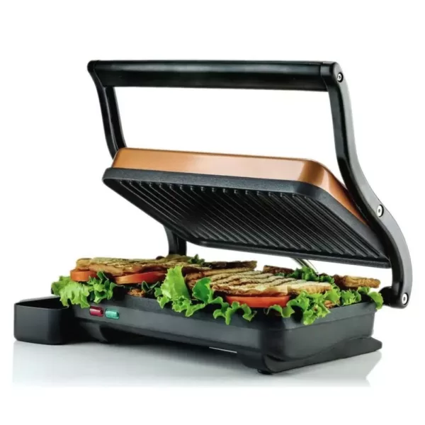 Ovente Copper Electric Panini Press Grill, 2-Slice 1000-Watt Heating Plate, Drip Tray Included