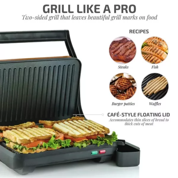 Ovente Copper Electric Panini Press Grill, 2-Slice 1000-Watt Heating Plate, Drip Tray Included