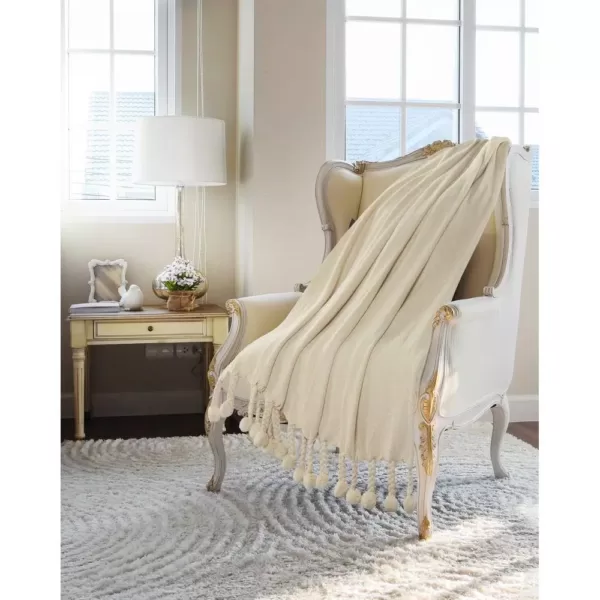 LR Home Embroidery Braided Cream Chevron Herringbone Cotton Throw Blanket