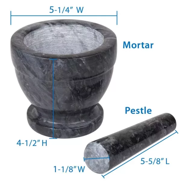 Creative Home 5-1/4 in. Natural Black Marble Mortar and Pestle Set with Kitchen Spices, Herbs, Grinder