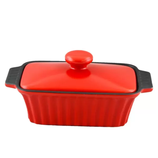 Crock-Pot Denhoff Ribbed 8.5 in. Rectangular Stoneware Nonstick Casserole Dish in Red with Lid