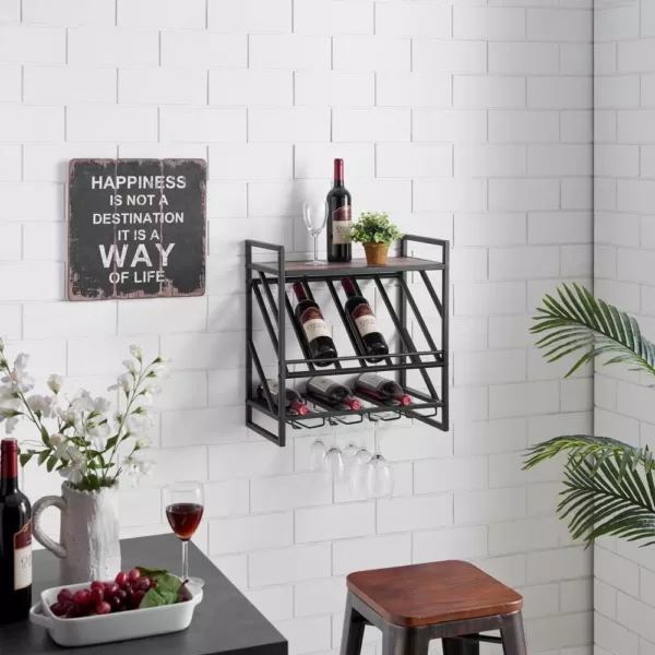 DANYA B 12-Bottle Black Wood Wall Mount Wine Rack with Stemware Organizer