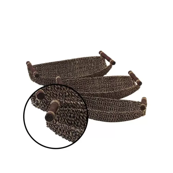 LITTON LANE Dark Brown and Light Brown Tight Braid Seagrass Boat-Shaped Trays with Cherrywood Dowell Handles (Set of 3)