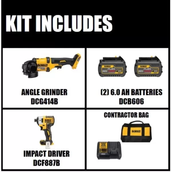 DEWALT FLEXVOLT 60-Volt MAX Cordless Brushless 4-1/2 in. Angle Grinder, (2) FLEXVOLT 6.0Ah Batteries & 1/4 in. Impact Driver