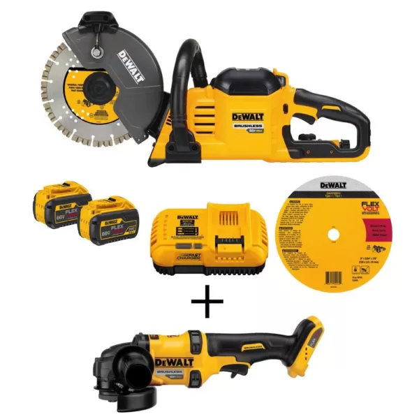 DEWALT FLEXVOLT 60-Volt MAX Brushless 9 in. Cut-Off Construction Saw, (2) FLEXVOLT 9.0Ah Batteries & 4-1/2 in. Angle Grinder