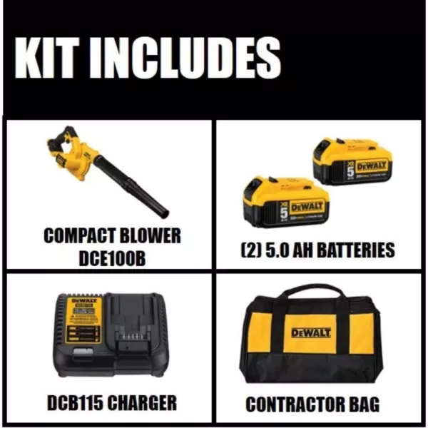 DEWALT 20-Volt MAX Cordless Compact Jobsite Blower 135 MPH 100 CFM with (2) 20-Volt 5.0Ah Batteries & Charger