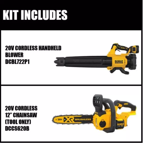 DEWALT 125 MPH 450 CFM 20V MAX Cordless Brushless Blower w/(1) 5.0Ah Battery & Charger w/ Bonus 12in 20V Chainsaw (Tool Only)