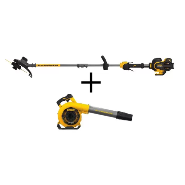 DEWALT 15 in. 60V MAX Cordless FLEXVOLT Brushless String Grass Trimmer, (1) 3.0Ah Battery & Charger & Leaf Blower (Tool Only)