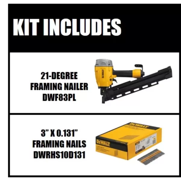 DEWALT Pneumatic 21-Degree Collated Framing Nailer with Bonus 3 in. x 0.131 in. Metal Framing Nails (2000-Pack)