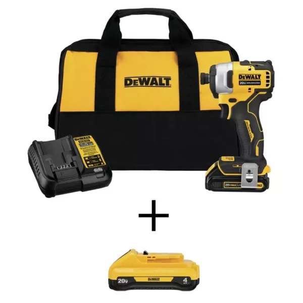 DEWALT ATOMIC 20-Volt MAX Cordless Brushless Compact 1/4 in. Impact Driver, (1) 20-Volt 1.3Ah & (1) 20-Volt 4.0Ah Batteries