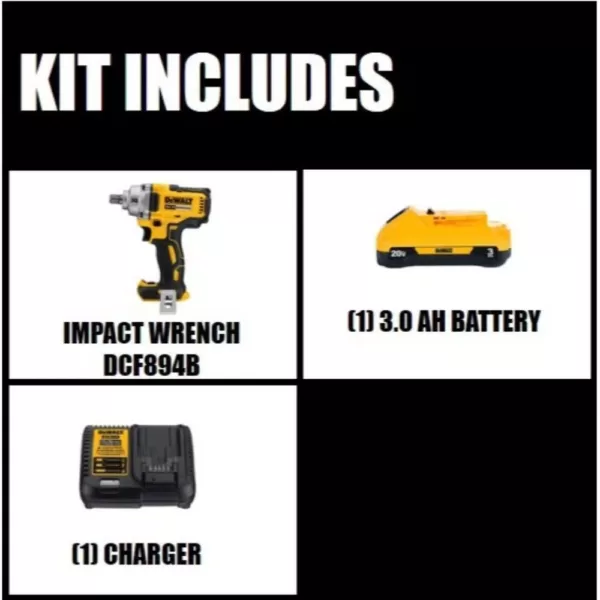 DEWALT 20-Volt MAX XR Cordless Brushless 1/2 in. Mid-Range Impact Wrench with Detent Pin Anvil, (1) 20-Volt 3.0Ah Battery