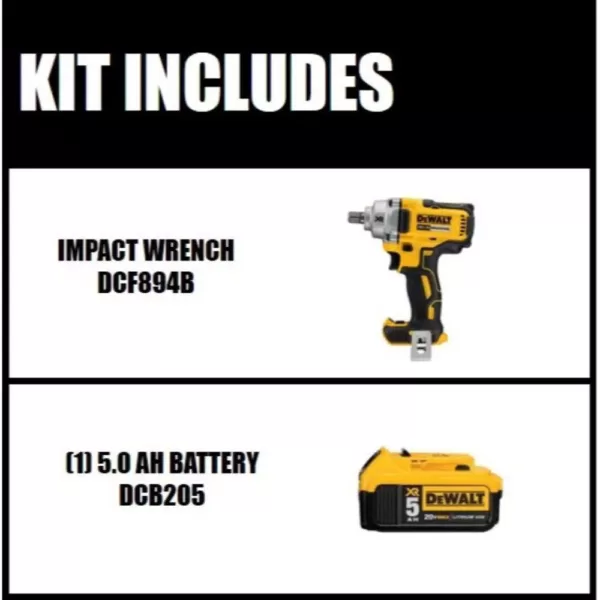 DEWALT 20-Volt MAX XR Cordless Brushless 1/2 in. Mid-Range Impact Wrench with Detent Pin Anvil & (1) 20-Volt 5.0Ah Battery