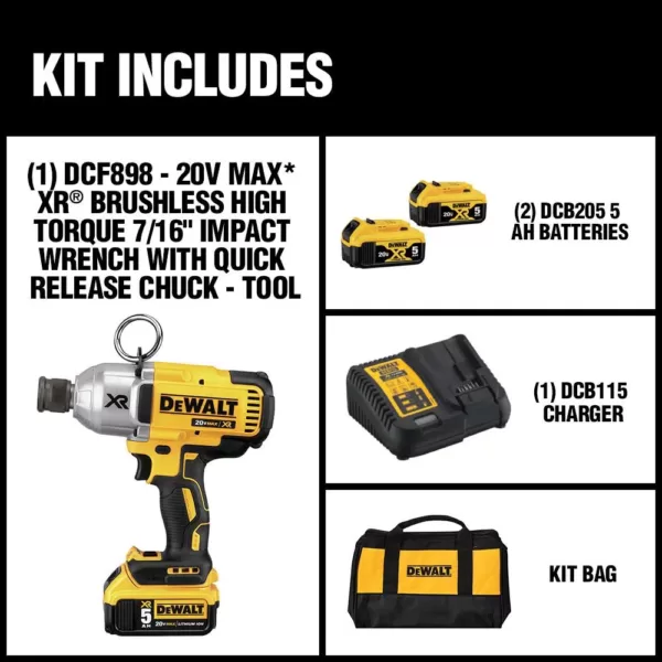 DEWALT 20-Volt MAX XR Cordless Brushless 7/16 in. High Torque Impact Wrench Quick Release Chuck & (2) 20-Volt 5.0Ah Batteries