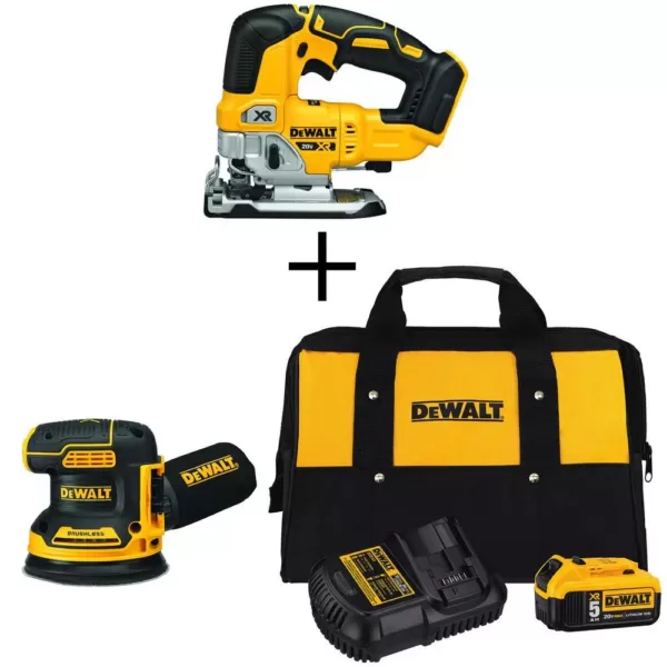 DEWALT 20-Volt MAX XR Cordless Brushless Jigsaw with 5 in. Random Orbital Sander, (1) 20-Volt 5.0Ah Battery & Charger