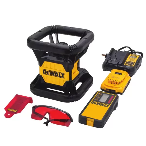 DEWALT 20-Volt MAX Lithium-Ion Red Rotary Red Laser Level, 20-Volt Battery 2Ah, Charger, TSTAK Storage Case & Bonus Stand