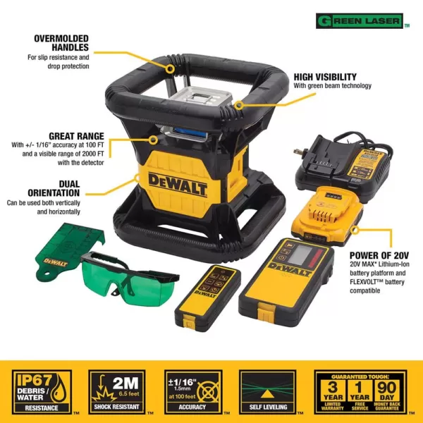 DEWALT 20-Volt MAX Lithium-Ion 250 ft. Gree Self-Leveling Rotary Laser Level with Battery 2Ah, Charger, & TSTAK Case