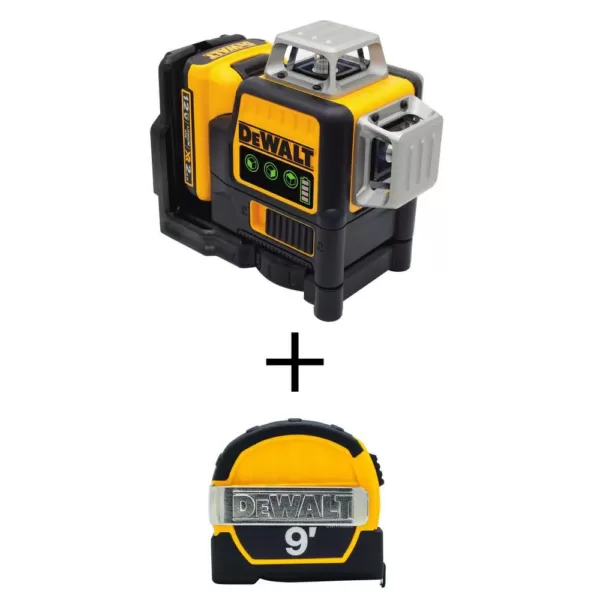 DEWALT 12-Volt MAX Li-Ion 100 ft. Green Self-Leveling 3-Beam 360-Degree Laser Level with Bonus 9 ft. x 1/2 in. Tape Measure