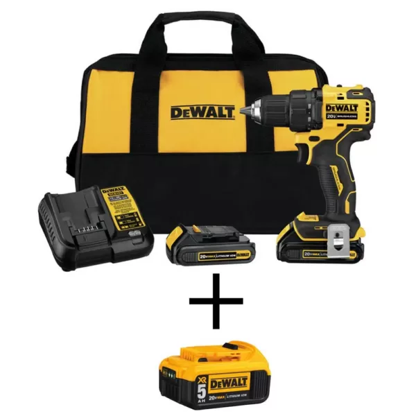 DEWALT ATOMIC 20-Volt MAX Cordless Brushless Compact 1/2 in. Drill/Driver, (2) 20-Volt 1.3Ah & (1) 20-Volt 5.0Ah Batteries