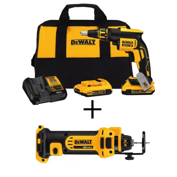 DEWALT 20-Volt MAX XR Cordless Brushless Drywall Screw Gun with (2) 20-Volt 2.0Ah Batteries & Cut-Out Tool