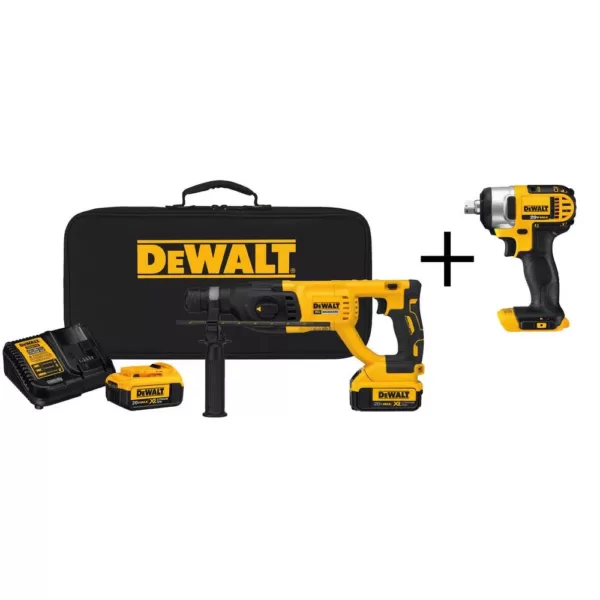 DEWALT 20-Volt MAX Cordless Brushless 1 in. SDS Plus D-Handle Rotary Hammer,(2) 20-Volt 4.0Ah Batteries & 1/2 in. Impact Wrench