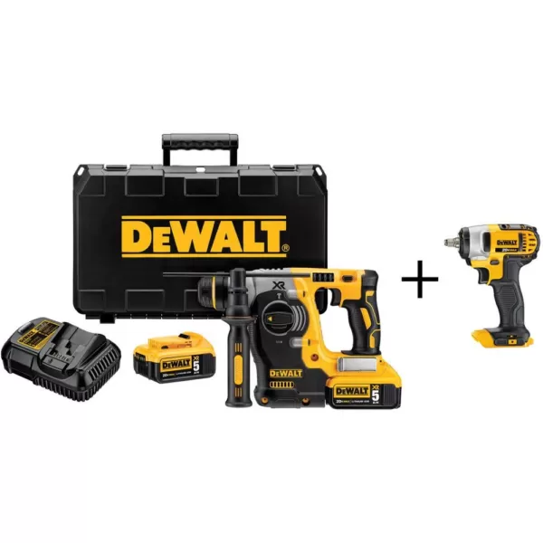 DEWALT 20-Volt MAX XR Brushless 1 in. SDS Plus L-Shape Rotary Hammer, (2) 20-Volt 5.0Ah Batteries & 3/8 in. Impact Wrench