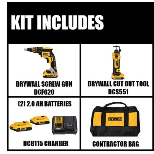 DEWALT 20-Volt MAX XR Cordless Drywall Screw Gun/Cut-out Tool Combo Kit (2-Tool) with (2) 20-Volt 2.0Ah Batteries & Charger