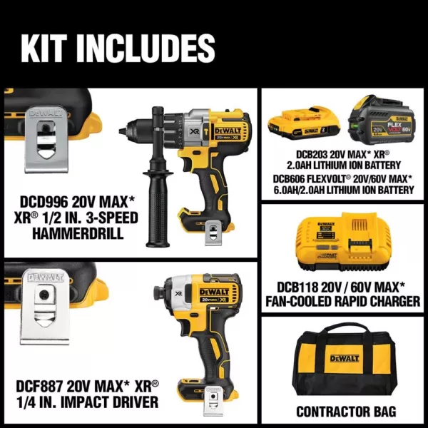 DEWALT 20-Volt MAX Cordless Brushless Combo Kit (2-Tool) with (1) FLEXVOLT 6.0Ah Battery, (1) 20-Volt 2.0 Battery & Charger