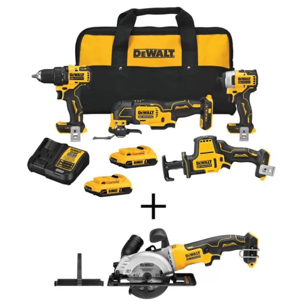 DEWALT ATOMIC 20-Volt MAX Cordless Brushless Combo Kit (4-Tool), 4-1/2 in. Circular Saw, (2) 2.0 Ah Batteries, Charger & Bag