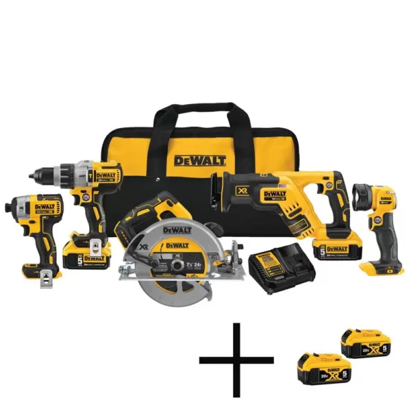 DEWALT 20-Volt MAX XR Cordless Combo Kit (5-Tool) with (4) 20-Volt 5.0Ah Batteries & Charger