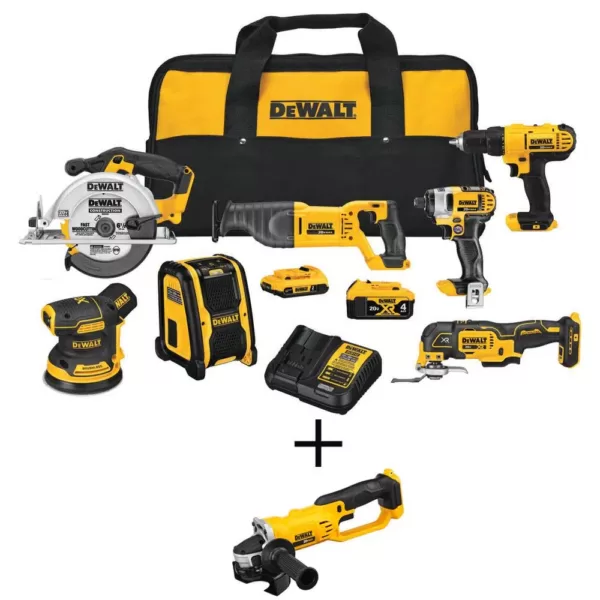 DEWALT 20-Volt MAX Cordless Combo Kit (7-Tool) with (1) 20-Volt 4.0Ah Battery, (1) 20-Volt 2.0Ah Battery & 4-1/2 in. Grinder