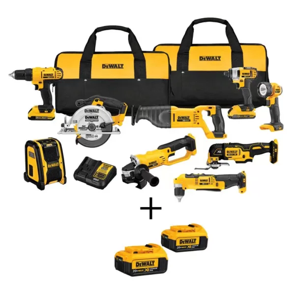 DEWALT 20-Volt MAX Cordless Combo Kit (9-Tool) with (2) 20-Volt 2.0Ah Batteries & (2) 20-Volt 4.0Ah Batteries