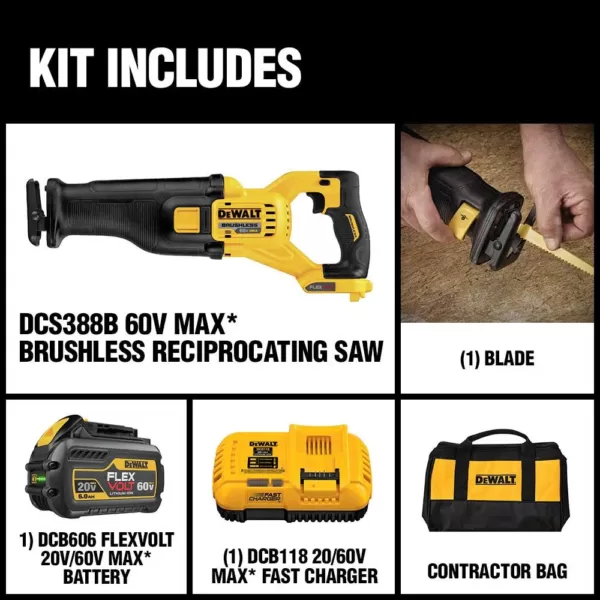 DEWALT FLEXVOLT 60-Volt MAX Cordless Brushless Reciprocating Saw with (1) FLEXVOLT 6.0Ah Battery