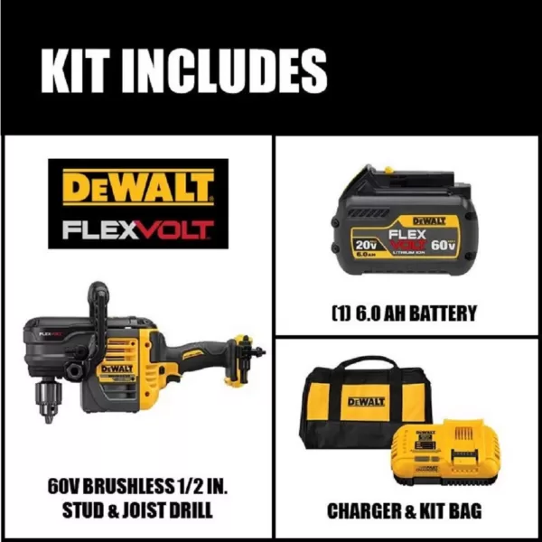 DEWALT FLEXVOLT 60-Volt MAX Cordless Brushless 1/2 in. Stud & Joist Drill with E-Clutch & (1) FLEXVOLT 6.0Ah Battery