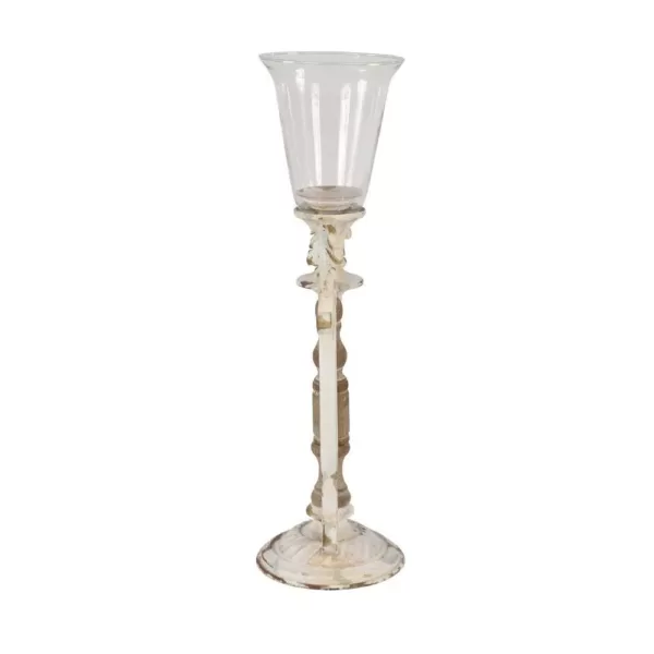 LITTON LANE Distressed White Wood, Glass and Metal Candle Holder