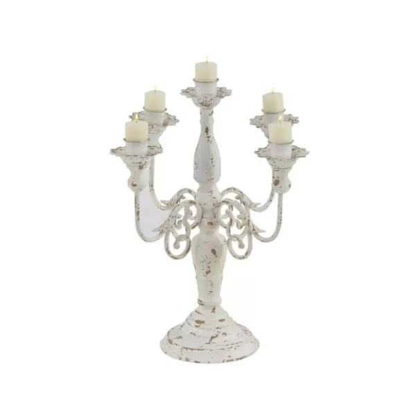 LITTON LANE Distressed White Iron Scroll 5-Light Candelabra