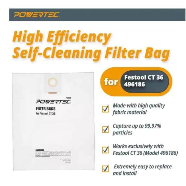 POWERTEC Self-Cleaning Filter Replacement Bag for Festool CT 36 (5-Pack)