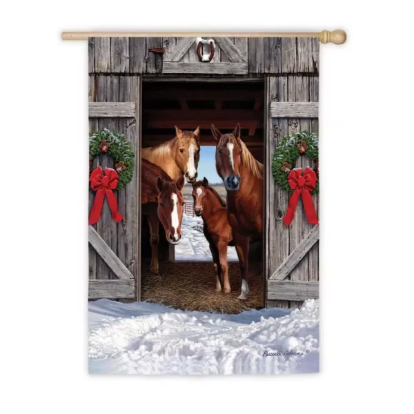 Evergreen 18 in. x 12.5 in. Horse Family Christmas Garden Suede Flag