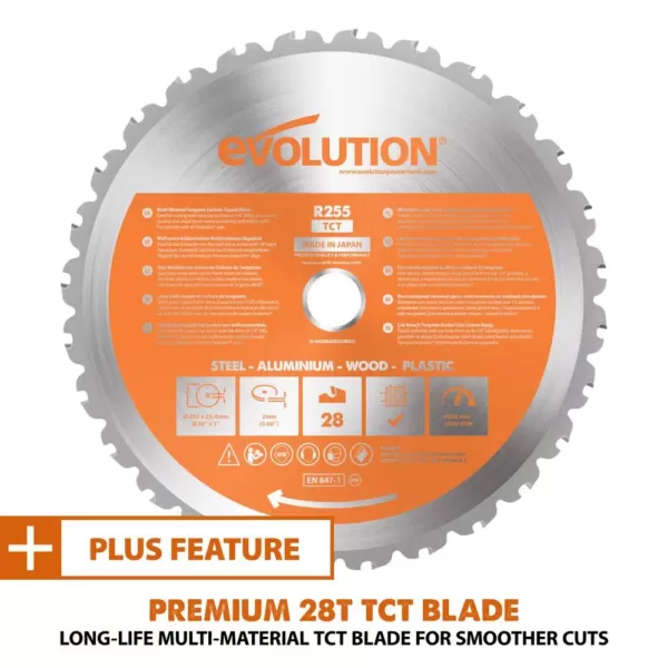 Evolution Power Tools 15 Amp 10 in. Dual Bevel Sliding Miter Saw with Laser Guide, Dust Bag, 13 ft. Power Cord, and 28-T Multi-Material Blade