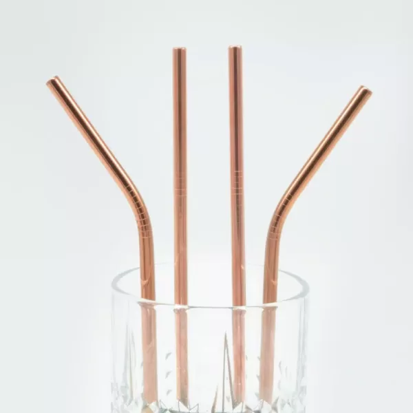 ExcelSteel 10 Pc Reusable Rose Gold Straw Set W/ Cleaning Brushes