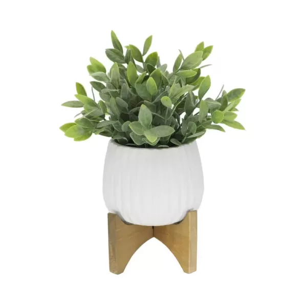 Flora Bunda 10.75 in. Tea Leaf in Matt White Ridge Pattern Ceramic Planter on Wood Stand