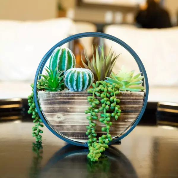 Flora Bunda 11 in. Round Wood and Metal Wall Faux Succulents Mix