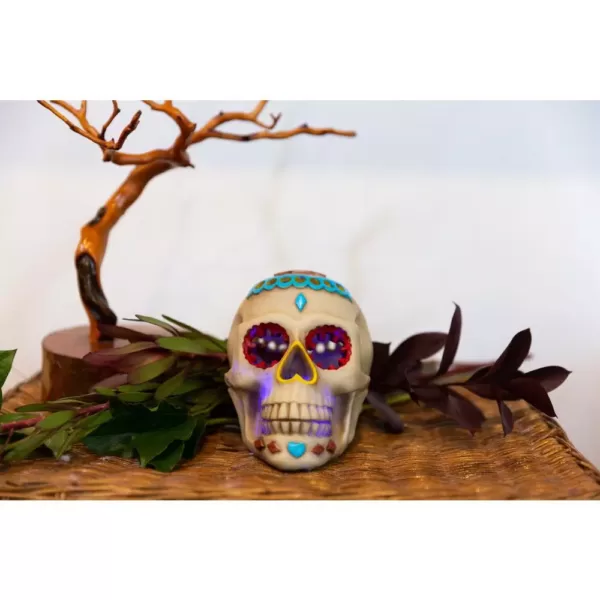 Flora Bunda 7 in. x 5 in. Polyresin Halloween Lighted Day of The Dead Skull with Color Changing LED Lights