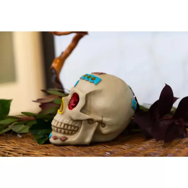 Flora Bunda 7 in. x 5 in. Polyresin Halloween Lighted Day of The Dead Skull with Color Changing LED Lights