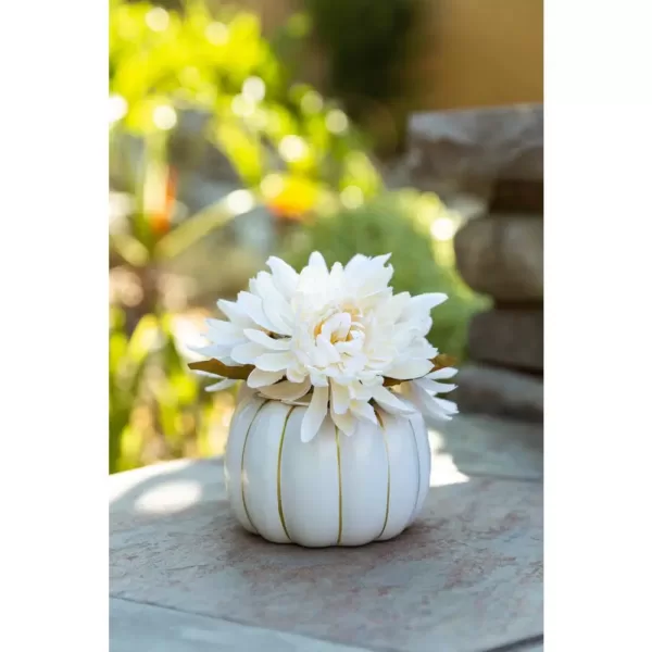 Flora Bunda 5 in. H Fall Harvest Artificial Plant Cream White Faux Mums in 4 in. Cream Ceramic Pumpkin Pot with Gold Line