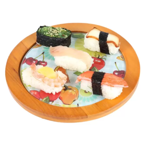 Creative Home 7.5 in. Round Tempered Glass Trivet Serving Board, Fruit Pattern with Solid Wood Trim