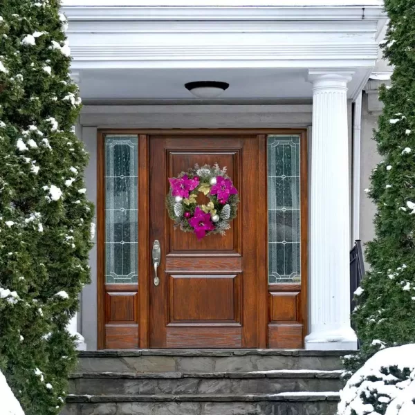 Fraser Hill Farm 24 in. Artificial Christmas Wreath with Faux Poinsettia Blooms, Ornaments, and Pinecones