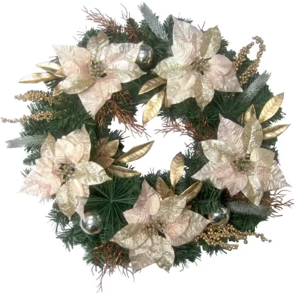 Fraser Hill Farm 24 in. Artificial Christmas Wreath with Poinsettias, Ornaments and Gold Berries