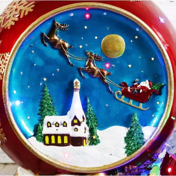 Fraser Hill Farm 34.5 in. Christmas Musical Santa and Flying Sleigh Ornament in Red with Long-Lasting LED Lights