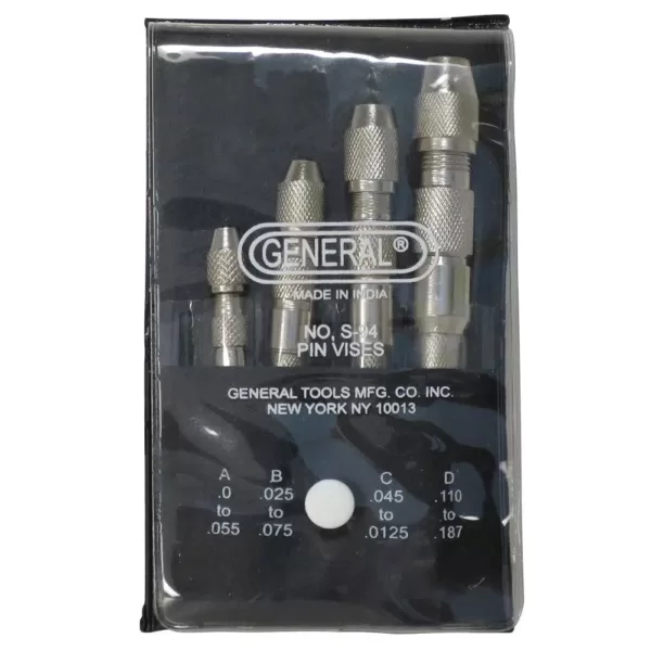 General Tools Single End Pin Vise Set (4-Piece) for Drill Bits, Taps and Reamers