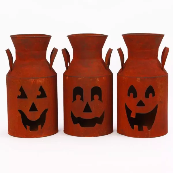 Gerson Rustic Metal Milk Can Jack-O-Lantern Luminaries (Set of 3)